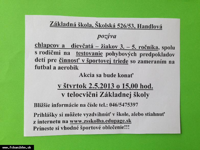 POZVÁNKA NA TESTOVANIE POHYBOVÝCH PREDPOKLADOV ZŠ HANDLOVÁ