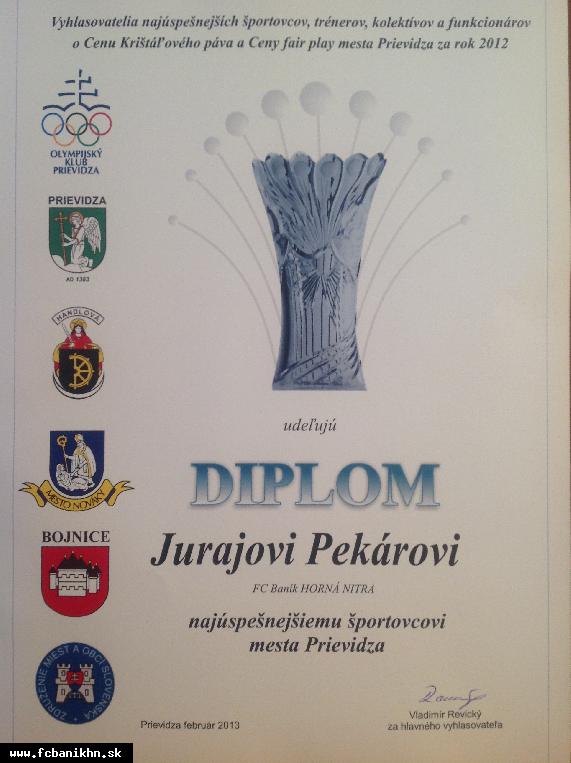 JURAJ PEKÁR NAJÚSPEŠNEJŠÍ ŠPORTOVEC MESTA PRIEVIDZA 2012