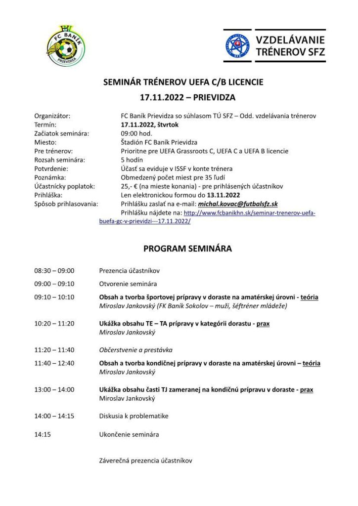 Seminár trénerov UEFA B/UEFA GC v Prievidzi – 17.11.2022